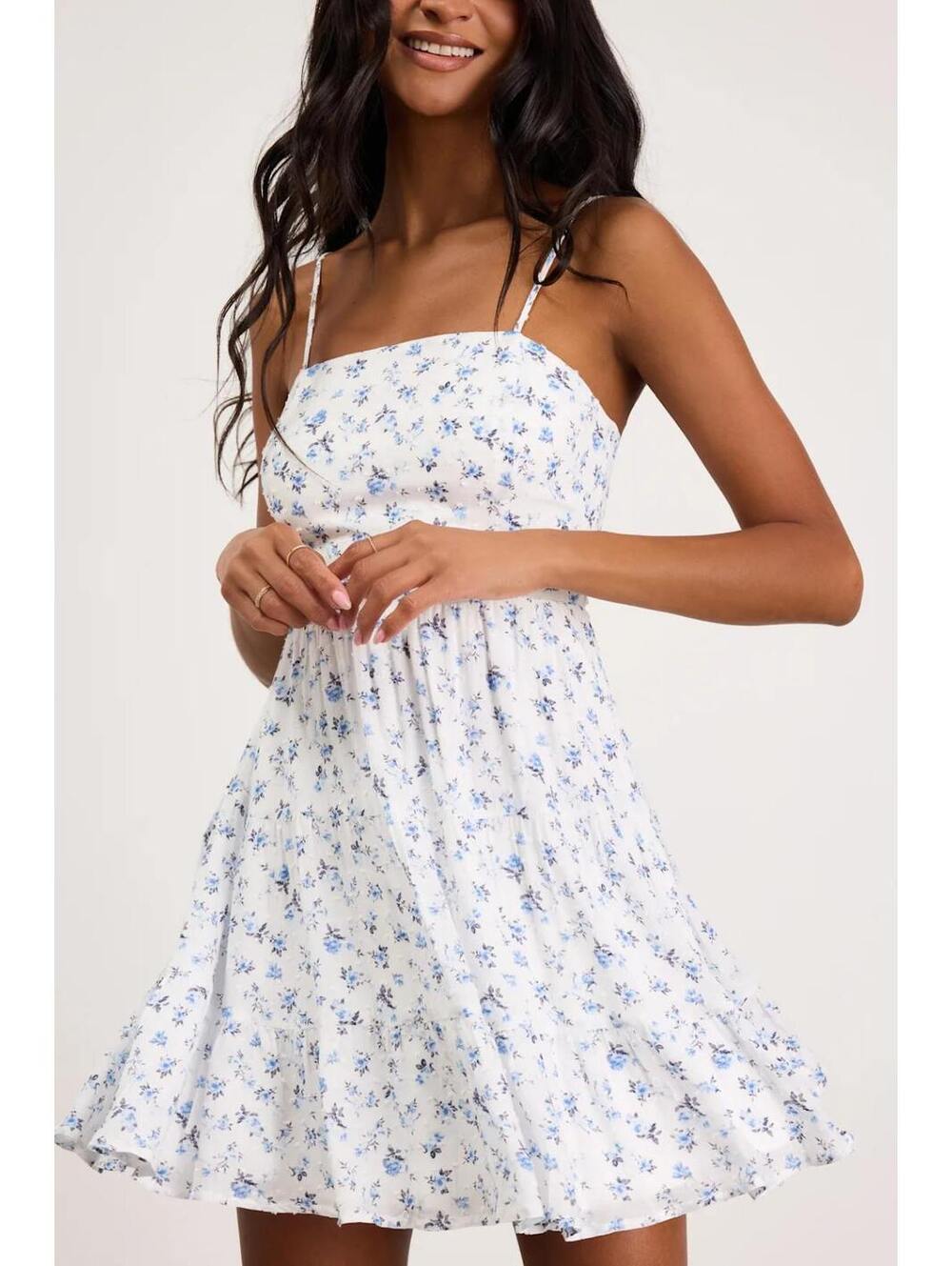 Lulus White and Blue Floral Spaghetti Strap Mini Dress with Open Back